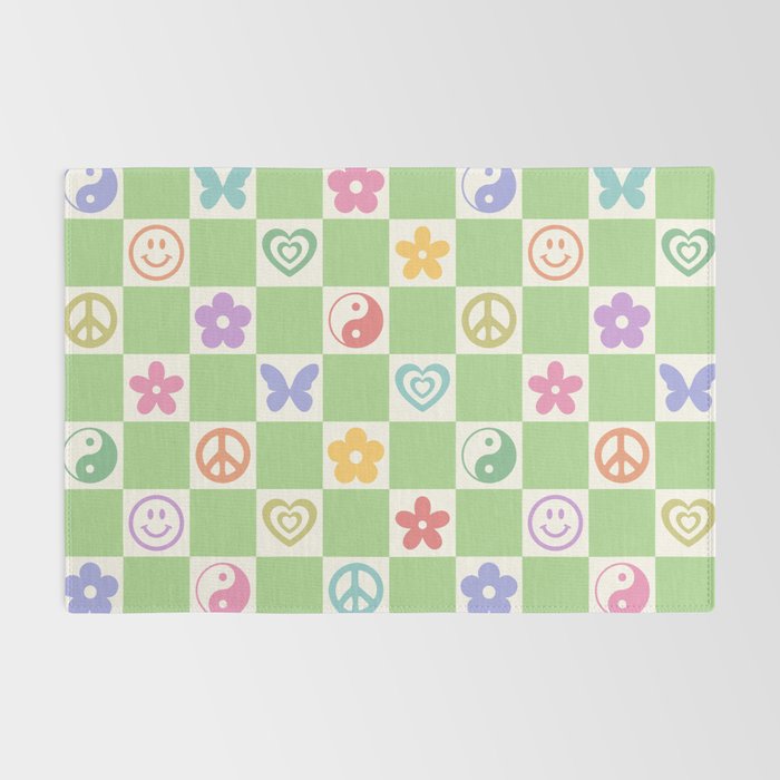 Peace & Love Retro Nostalgia Green Checker Rug Gallery Image 2