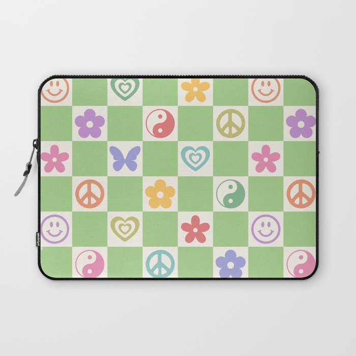 Peace & Love Retro Nostalgia Green Checker Laptop Sleeve Gallery Image 1
