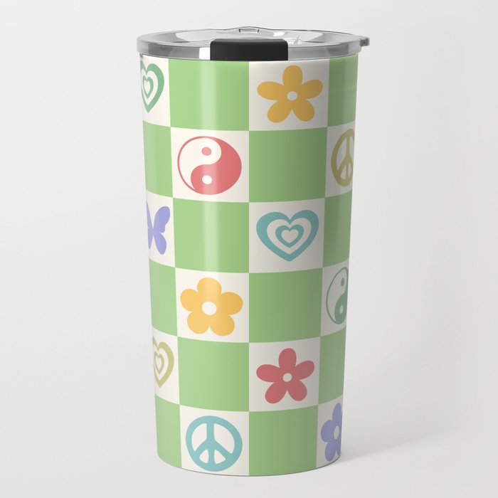 Peace & Love Retro Nostalgia Green Checker Travel Mug Gallery Image 1