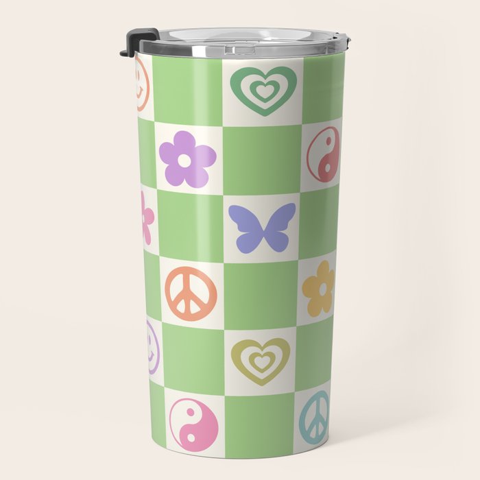 Peace & Love Retro Nostalgia Green Checker Travel Mug Gallery Image 3