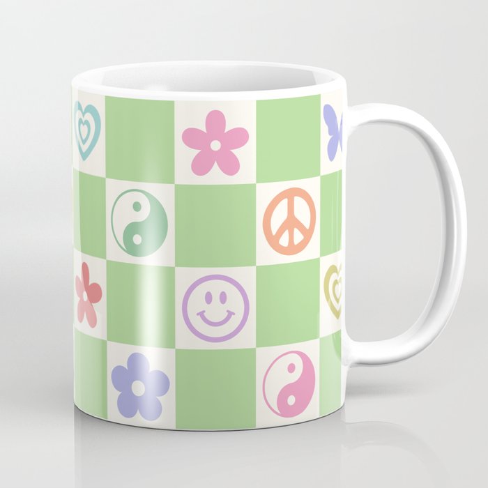 Peace & Love Retro Nostalgia Green Checker Coffee Mug Gallery Image 1