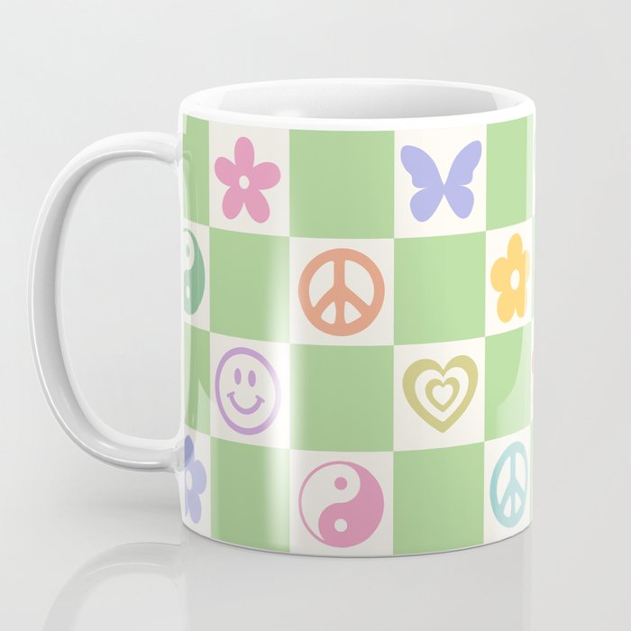 Peace & Love Retro Nostalgia Green Checker Coffee Mug Gallery Image 3