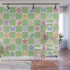 Peace & Love Retro Nostalgia Green Checker Wall Mural Gallery Image 1