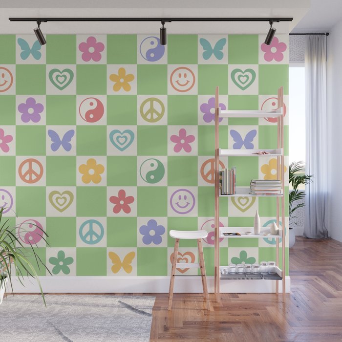 Peace & Love Retro Nostalgia Green Checker Wall Mural Gallery Image 1