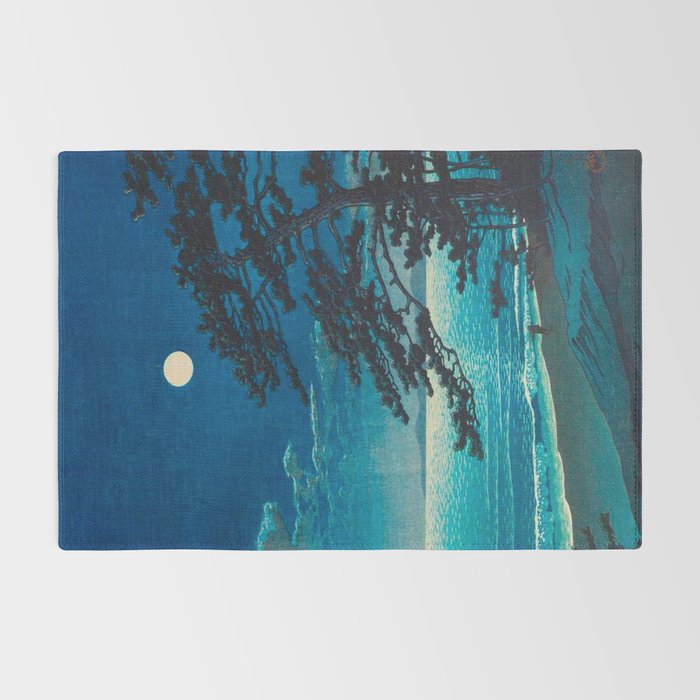 Vintage Japanese Woodblock Print Moonlight Over Ocean Japanese Landscape Tall Tree Silhouette Rug Gallery Image 2
