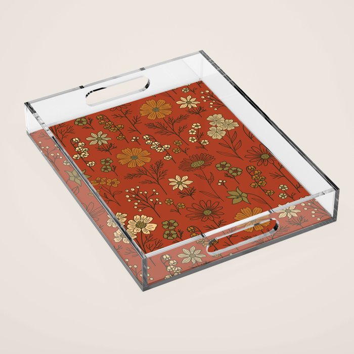 Burnt Orange & Olive Green Floral Acrylic Tray Gallery Image 1