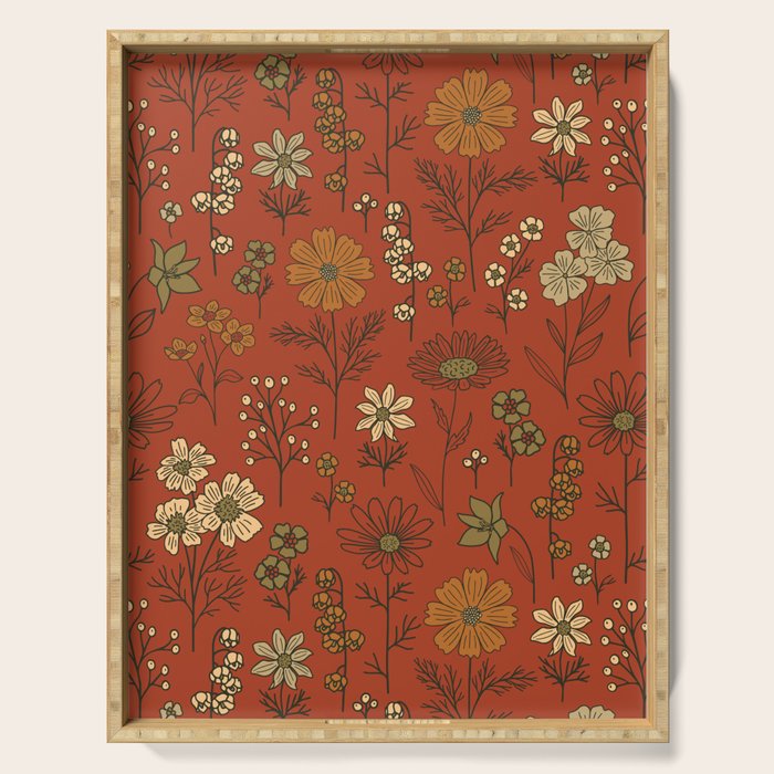 Burnt Orange & Olive Green Floral Serving Tray Gallery Image 1