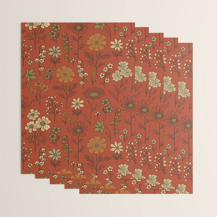 Burnt Orange & Olive Green Floral Wrapping Paper Gallery Image 3