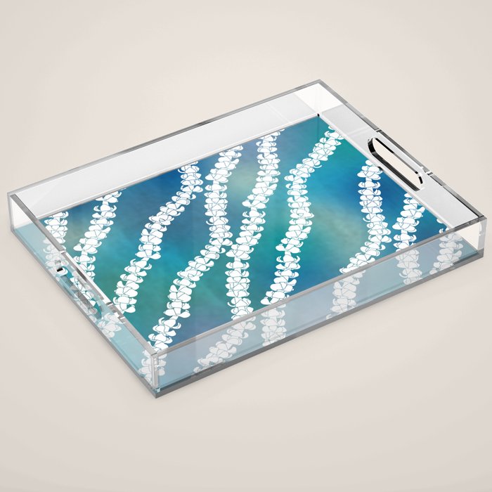 Puakenikeni single lei art on blue Acrylic Tray Gallery Image 1