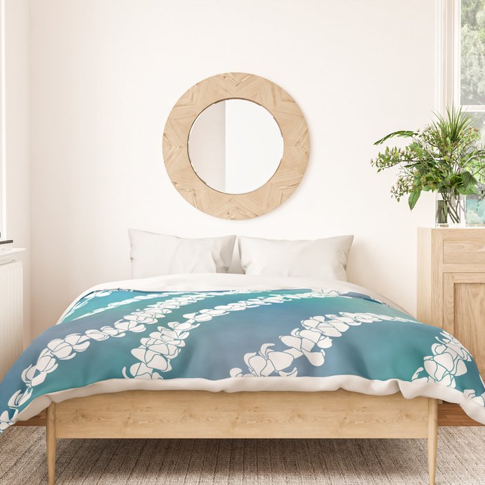 Puakenikeni single lei art on blue Duvet Cover Gallery Image 3