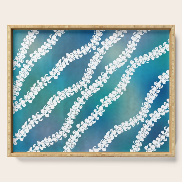 Puakenikeni single lei art on blue Serving Tray Gallery Image 1
