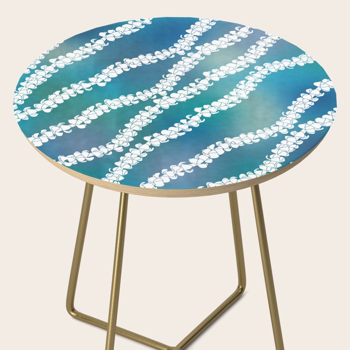 Puakenikeni single lei art on blue Side Table Gallery Image 2
