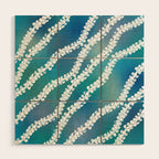 Puakenikeni single lei art on blue Wood Wall Art Gallery Image 1