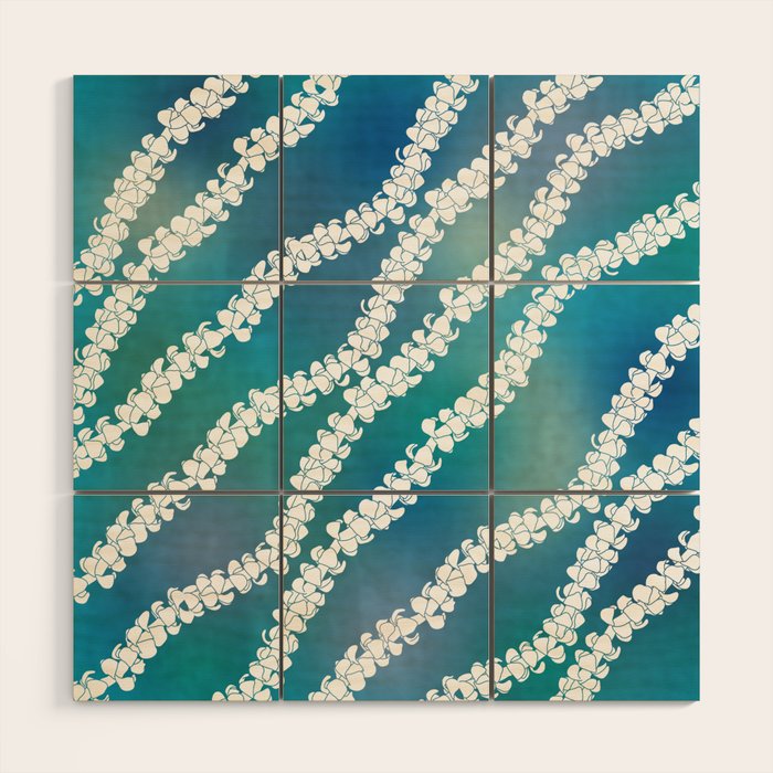 Puakenikeni single lei art on blue Wood Wall Art Gallery Image 1