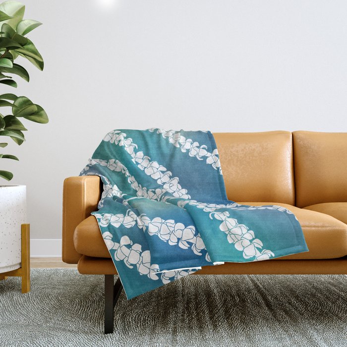 Puakenikeni single lei art on blue Throw Blanket Gallery Image 1