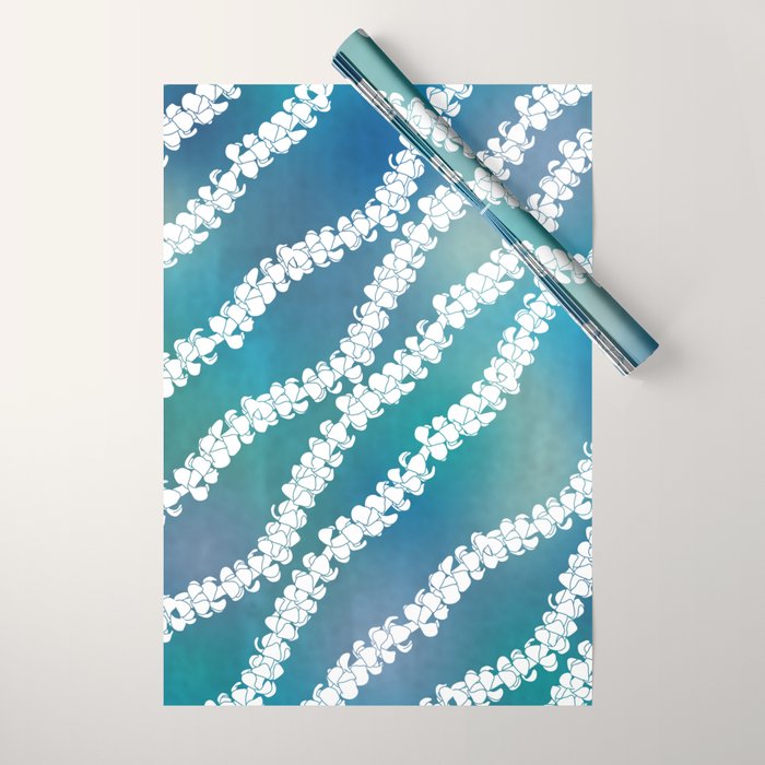 Puakenikeni single lei art on blue Wrapping Paper Gallery Image 1