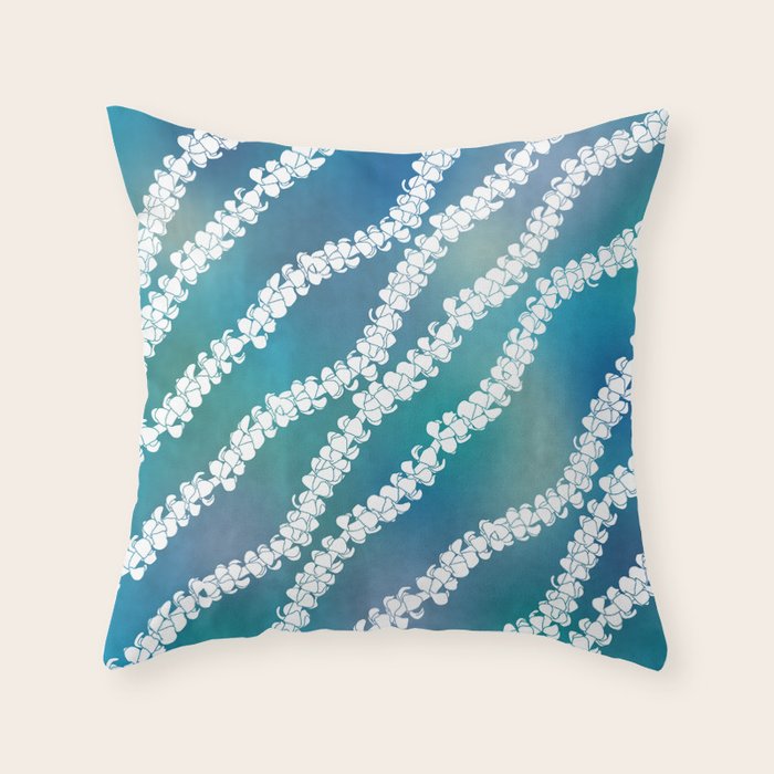 Puakenikeni single lei art on blue Throw Pillow Gallery Image 6
