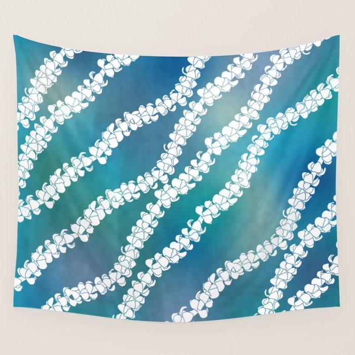 Puakenikeni single lei art on blue Wall Tapestry Gallery Image 1