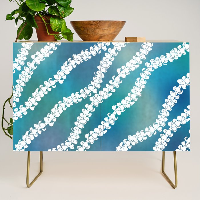 Puakenikeni single lei art on blue Credenza Gallery Image 1