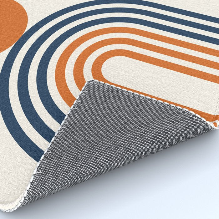 Mid Century Modern Geometric 450 in Navy Blue and Orange (Rainbow and Sun Abstraction) Rug Gallery Image 4