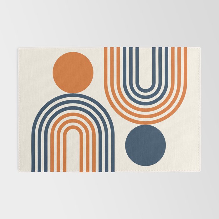 Mid Century Modern Geometric 450 in Navy Blue and Orange (Rainbow and Sun Abstraction) Rug Gallery Image 2