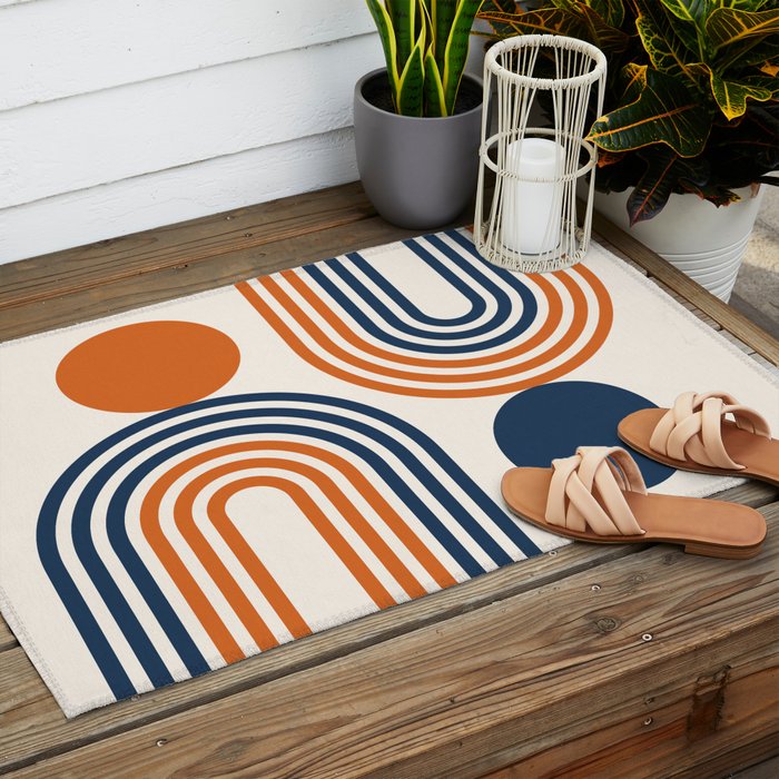 Mid Century Modern Geometric 450 in Navy Blue and Orange (Rainbow and Sun Abstraction) Outdoor Rug Gallery Image 2