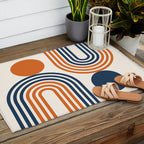 Mid Century Modern Geometric 450 in Navy Blue and Orange (Rainbow and Sun Abstraction) Outdoor Rug Gallery Image 2
