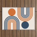 Mid Century Modern Geometric 450 in Navy Blue and Orange (Rainbow and Sun Abstraction) Outdoor Rug Gallery Image 1