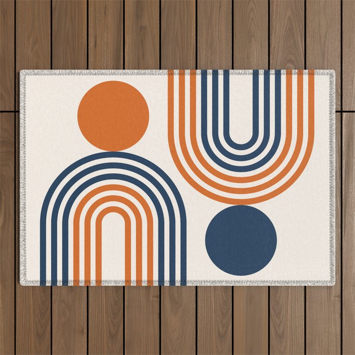 Mid Century Modern Geometric 450 in Navy Blue and Orange (Rainbow and Sun Abstraction) Outdoor Rug Gallery Image 1