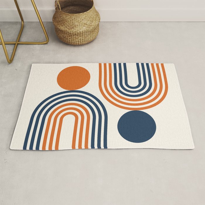 Mid Century Modern Geometric 450 in Navy Blue and Orange (Rainbow and Sun Abstraction) Rug Gallery Image 1
