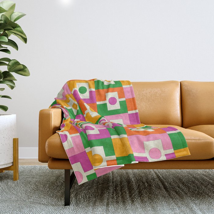 Colorful Retro Geometric Rektangel Pattern Pink Orange Green Throw Blanket Gallery Image 1