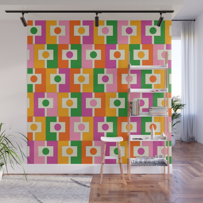 Colorful Retro Geometric Rektangel Pattern Pink Orange Green Wall Mural Gallery Image 1