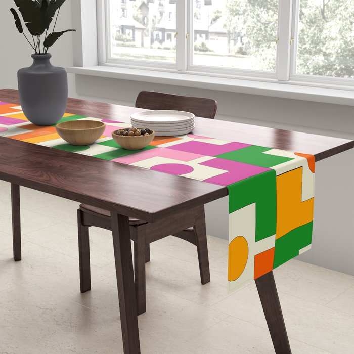 Colorful Retro Geometric Rektangel Pattern Pink Orange Green Table Runner Gallery Image 2