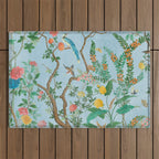 Chinoiserie Pastel Blue Floral Bird Garden Outdoor Rug Gallery Image 1