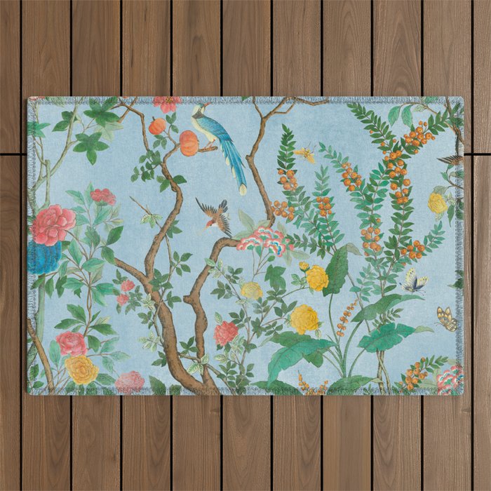 Chinoiserie Pastel Blue Floral Bird Garden Outdoor Rug Gallery Image 1