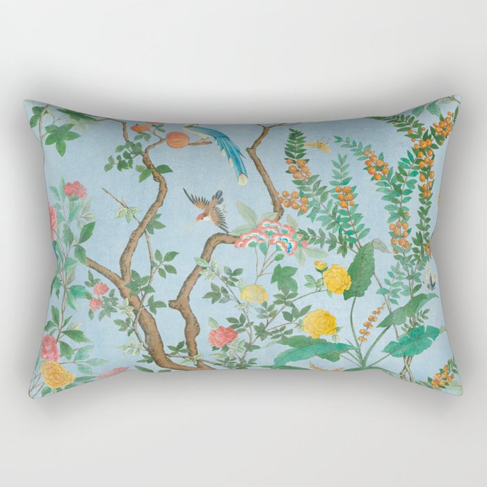 Chinoiserie Pastel Blue Floral Bird Garden Rectangular Pillow Gallery Image 2