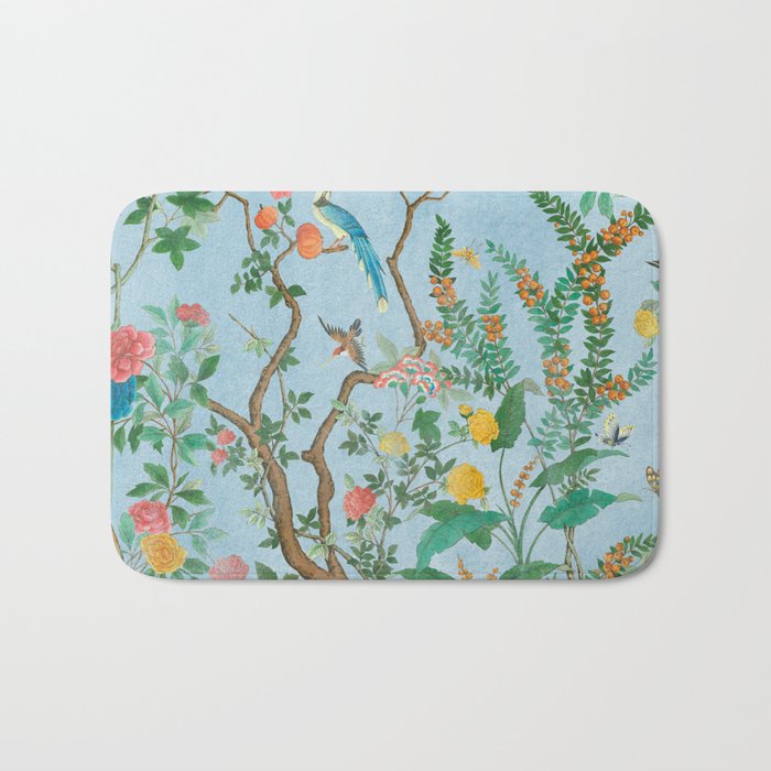Chinoiserie Pastel Blue Floral Bird Garden Bath Mat Gallery Image 1