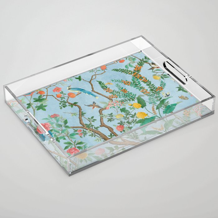 Chinoiserie Pastel Blue Floral Bird Garden Acrylic Tray Gallery Image 1