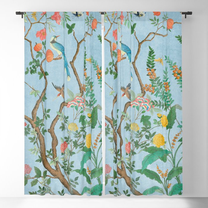 Chinoiserie Pastel Blue Floral Bird Garden Window Curtain Gallery Image 1