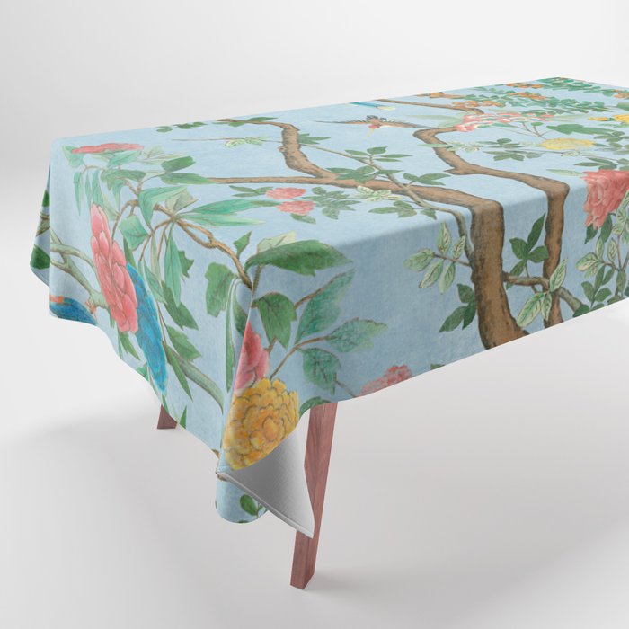 Chinoiserie Pastel Blue Floral Bird Garden Tablecloth Gallery Image 1