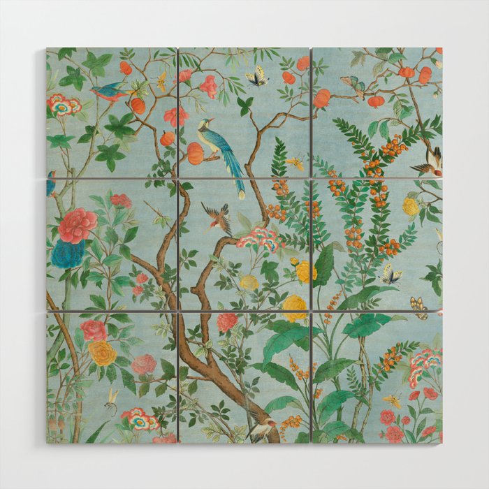 Chinoiserie Pastel Blue Floral Bird Garden Wood Wall Art Gallery Image 1