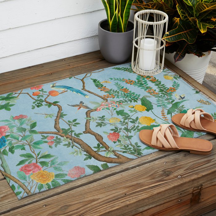 Chinoiserie Pastel Blue Floral Bird Garden Outdoor Rug Gallery Image 2