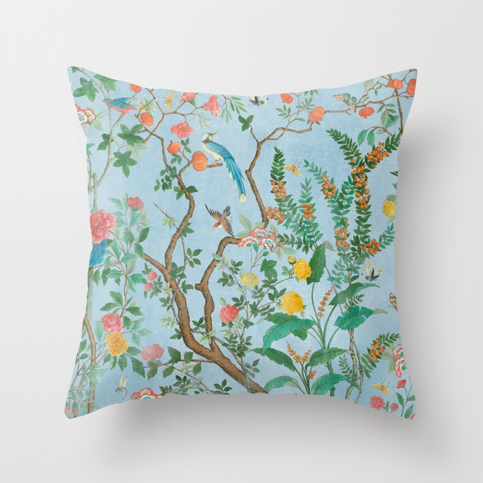Chinoiserie Pastel Blue Floral Bird Garden Throw Pillow Gallery Image 6