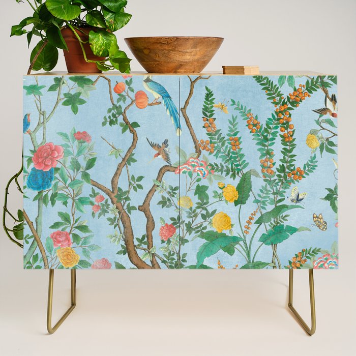 Chinoiserie Pastel Blue Floral Bird Garden Credenza Gallery Image 1