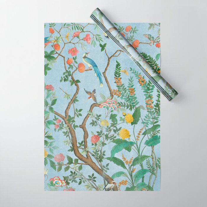 Chinoiserie Pastel Blue Floral Bird Garden Wrapping Paper Gallery Image 1