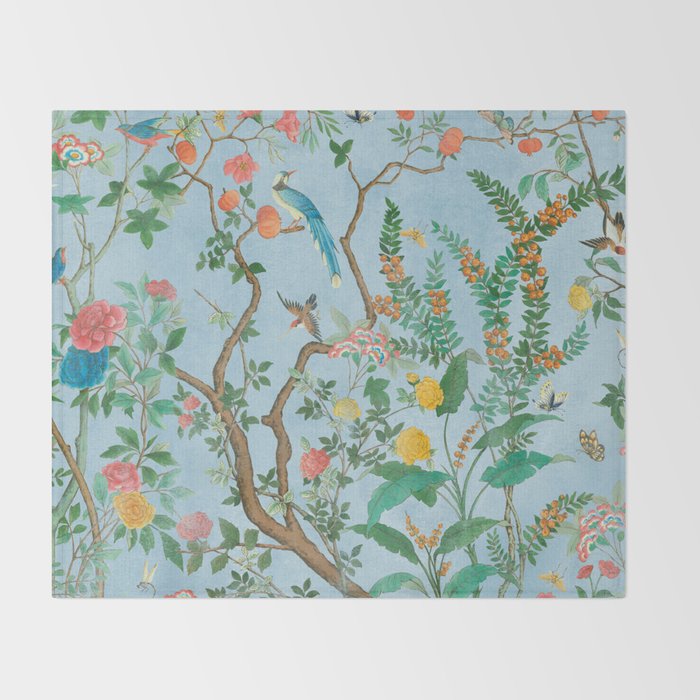 Chinoiserie Pastel Blue Floral Bird Garden Throw Blanket Gallery Image 2