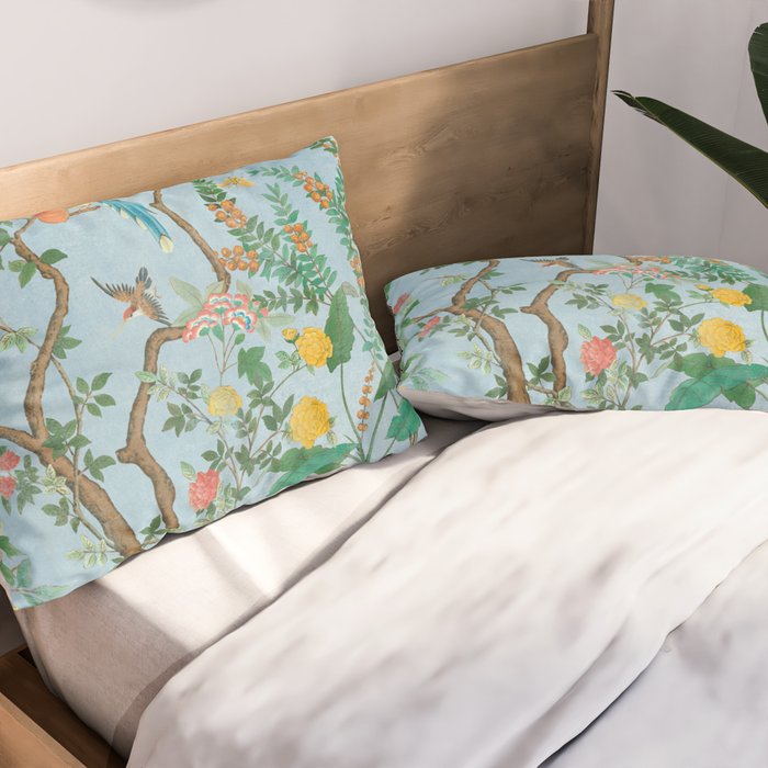 Chinoiserie Pastel Blue Floral Bird Garden Pillow Sham Gallery Image 2