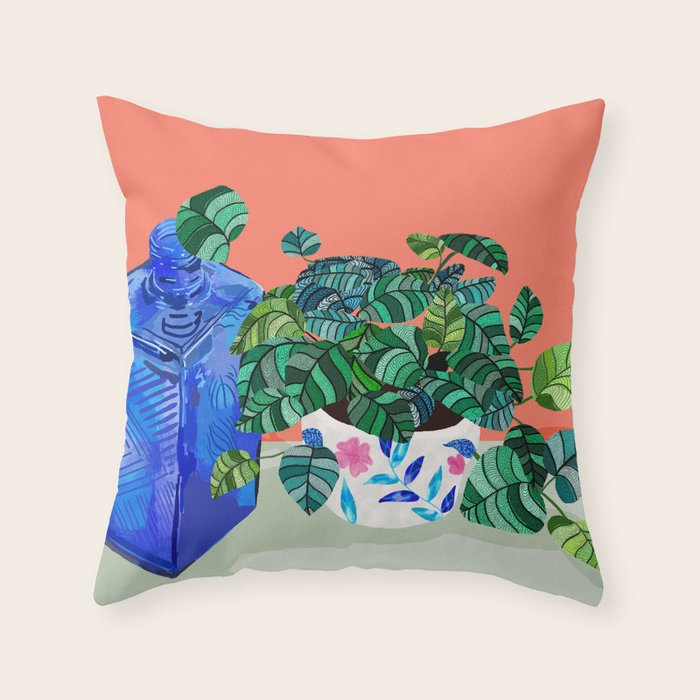 A Still Life Moment, Bottle Botanical Plants Illustration, Drawing Eclectic Bohemian, Contemporary Colorful Glassware Painting, Vintage Boho Plant Pot Throw Pillow Gallery Image 6