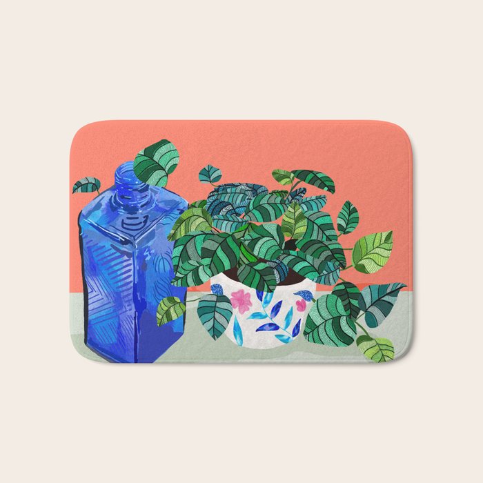 A Still Life Moment, Bottle Botanical Plants Illustration, Drawing Eclectic Bohemian, Contemporary Colorful Glassware Painting, Vintage Boho Plant Pot Bath Mat Gallery Image 1