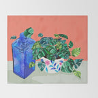 A Still Life Moment, Bottle Botanical Plants Illustration, Drawing Eclectic Bohemian, Contemporary Colorful Glassware Painting, Vintage Boho Plant Pot Throw Blanket Gallery Image 2